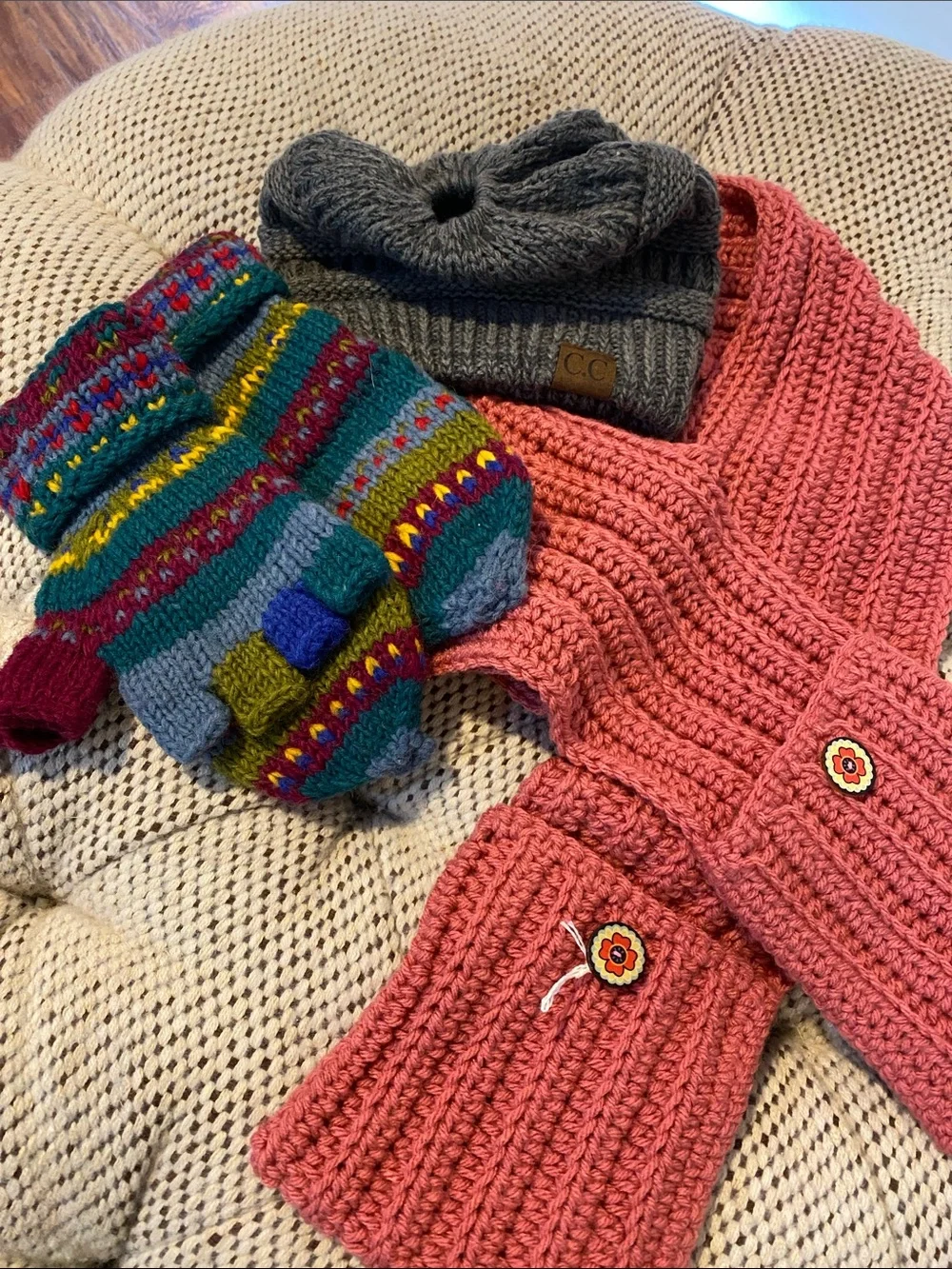 CHANEL Kids Coral Knit Scarf with Gray Beanie